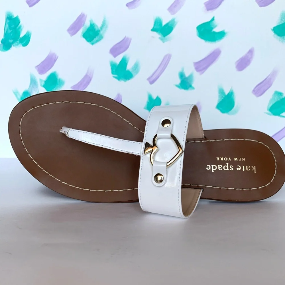 kate spade White and Brown Leather T-Strap Sandals
